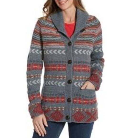 Woolrich MEDIUM Cumberland Aztec Lambs 100% Wool Cardigan Sweater Grey Green tag - Picture 1 of 9